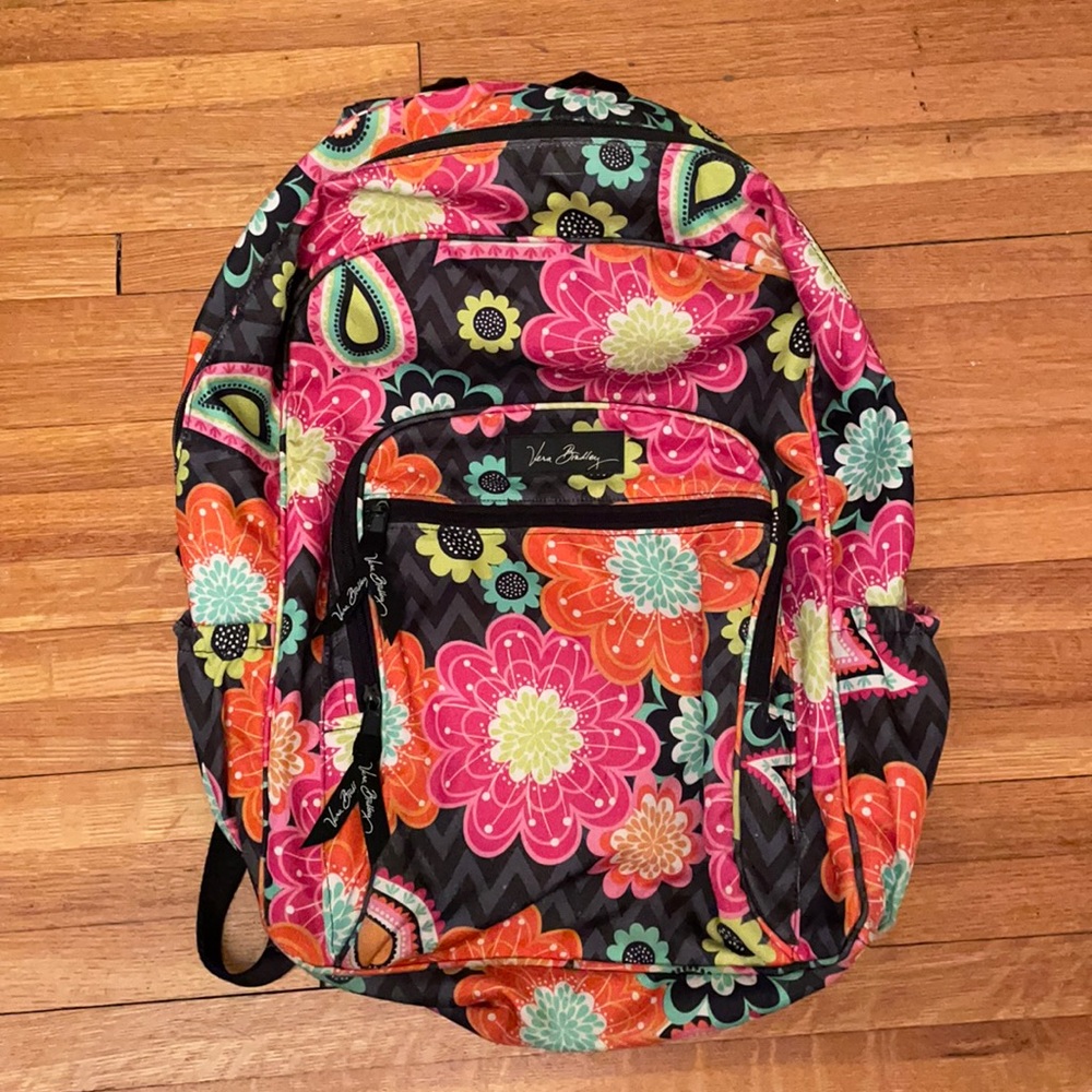 Vera Bradley backpack. Gray chevron with orange and pink flowers.